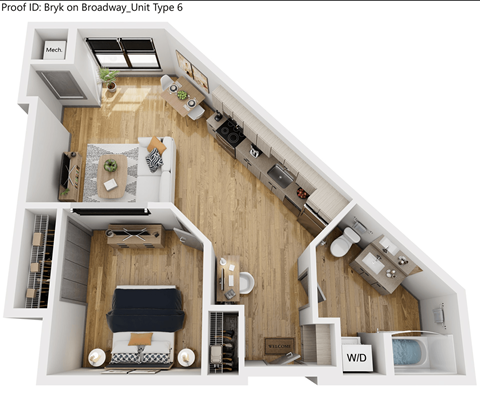 Floor plan for 1 bed, 1 bath, 690 sqft